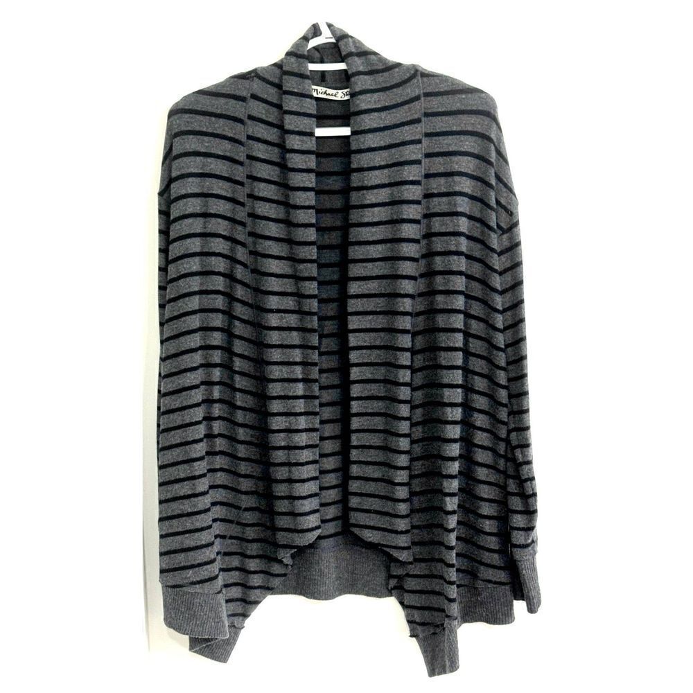 Michael Stars Open Front Grey and Black Striped Long-Sleeve Sweater Sz Small EUC